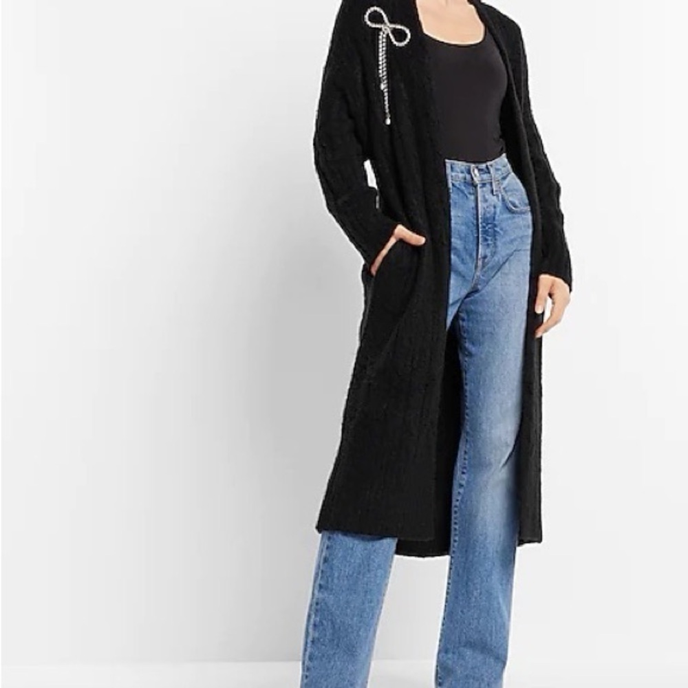 Express - Black Cable Knit Bow Embellished Long Cardigan. NWT size XS. Oversized